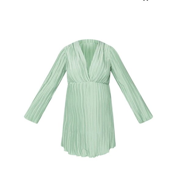 Pretty Little Thing Maternity‎ Sage Green Plisse Plunge Mini Dress Size 12 - Picture 1 of 15